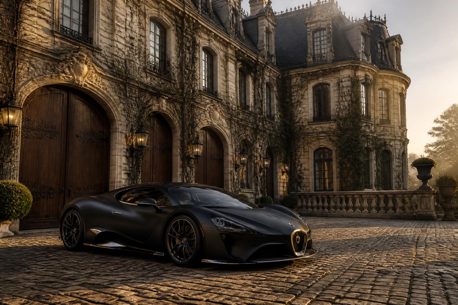 Matte-black supercar parked in front of a grand French chateau